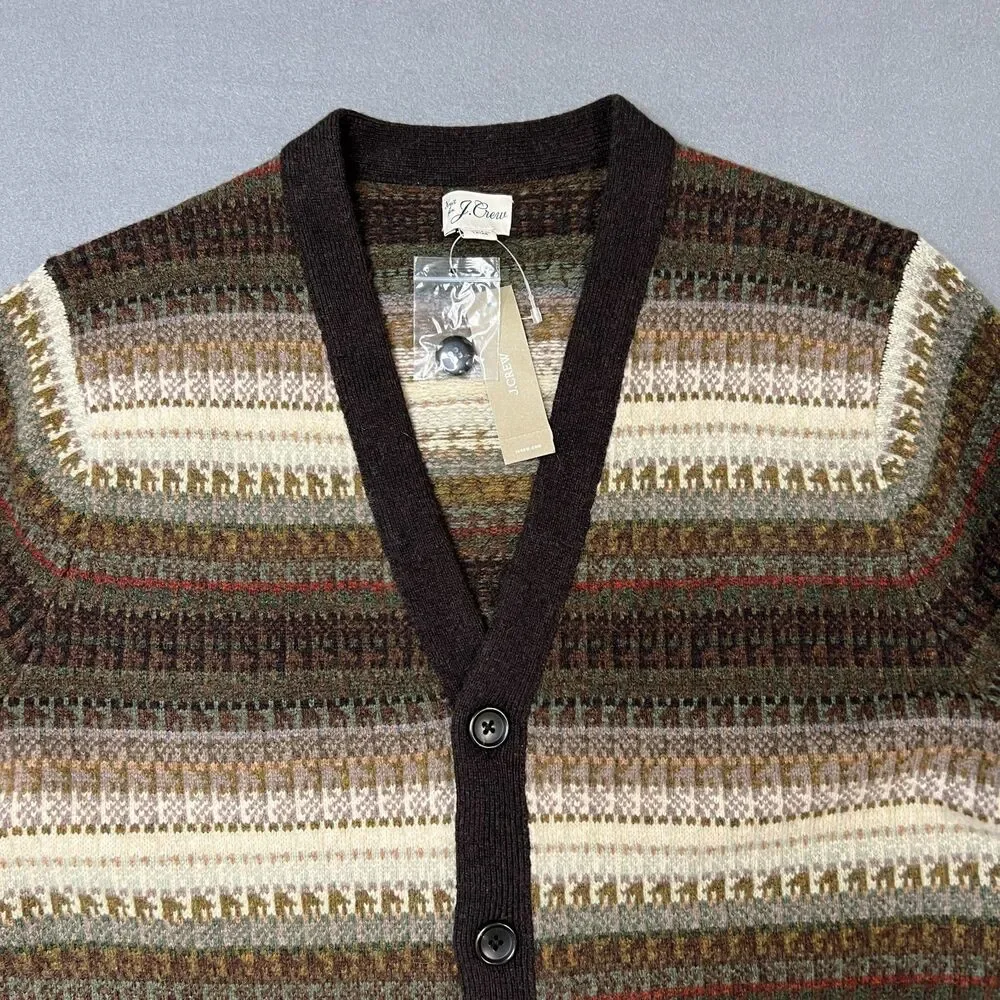 J.Crew Cardigan Sweater Men Medium Brown Ivory Fair Isle Wool Blend Button Front